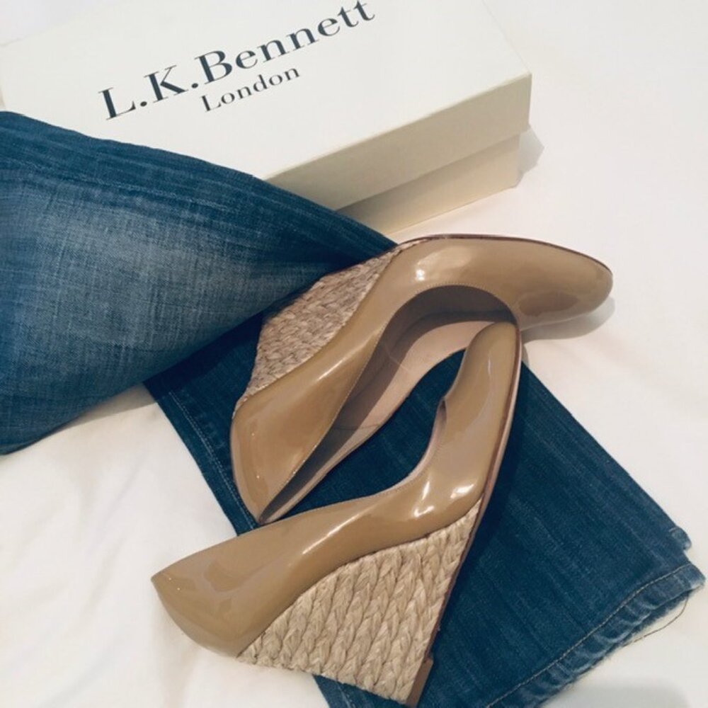 L.K. Bennett Beige Patent Leather Espadrille Wedge Heels (38)